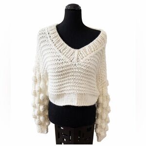 Hera Chunky Knit Cropped Sweater Pom Pom Sleeve V-Neck Cream White